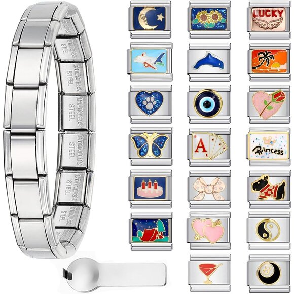 Customizable Silver Italian Charm Bracelet Gift Set - 20 Charms & Tools Included - Picture 1 of 7